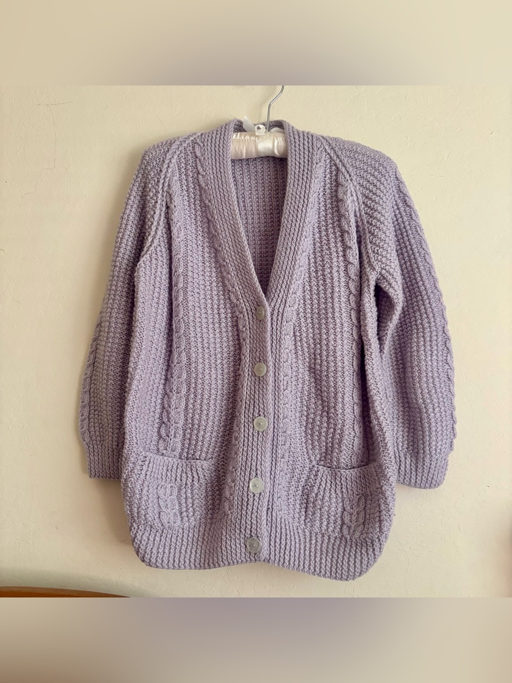 Vintage Handknit Cozy Lavender Cable Knit Cardigan Sweater